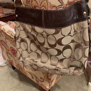 Coach handbag canvas logo design/dk brown leather